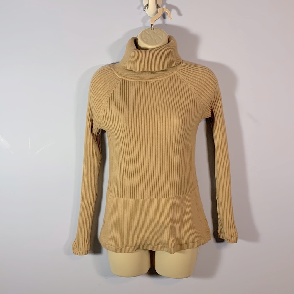Womens reversible sweater turtle neck tan and orange Velour  size small ribbed